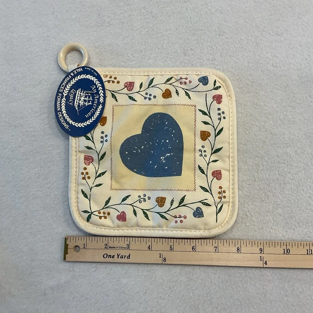 Yale & Frances Forman Designs Linen Kitchen Towel Potholder Blue Pink Hearts VTG